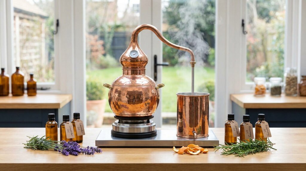 Alambic en cuivre en fonctionnement sur une table, entouré de flacons d'huiles essentielles et de plantes aromatiques.