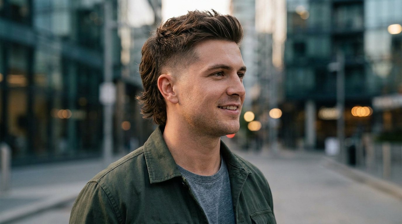 Jeune homme avec une coupe mulet moderne, dégradé sur les côtés et cheveux texturés sur le dessus en ville.