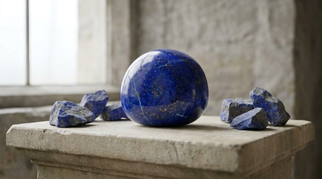 Une sphère polie de lapis-lazuli bleu profond parsemée de taches dorées, entourée de pierres brutes sur un socle en pierre.