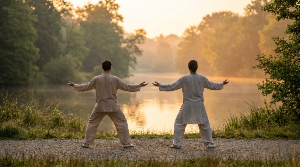 Un homme et une femme pratiquent le Qi Gong au bord d'un lac paisible, au lever du soleil dans une nature verdoyante.