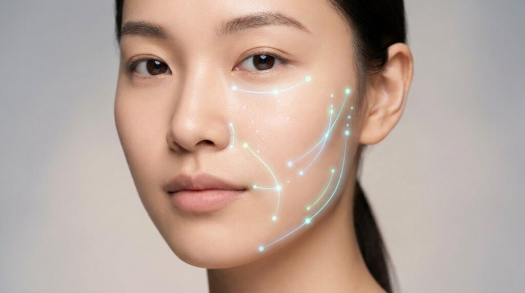 Visage féminin avec des lignes lumineuses illustrant les structures anatomiques et les zones du piercing à la joue.