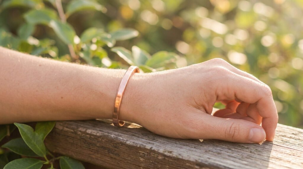 Une main portant un bracelet en cuivre minimaliste posée sur une rambarde en bois dans un jardin ensoleillé.