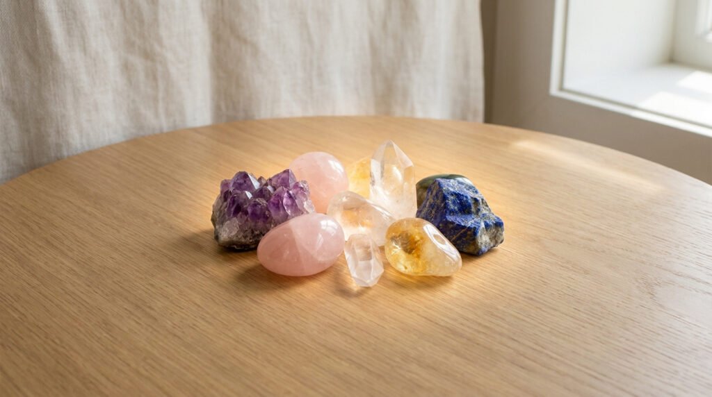 Un assortiment de cristaux et pierres semi-précieuses posé sur une table en bois clair.